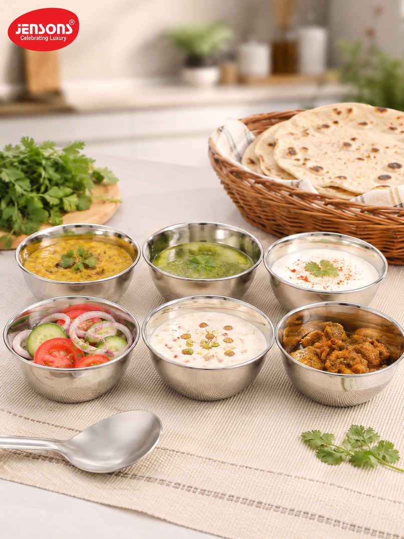 Jensons Stainless Steel Katori Set of 6 | 9cm Food Grade Bowls | Dining & Serving Use Jensons Stainless Steel Katori Set of 6 | 9cm Food Grade Bowls | Dining & Serving Use