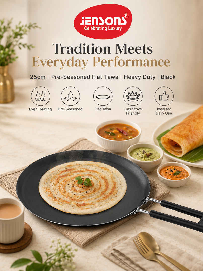 Jensons Iron Dosa Tawa | Pre-Seasoned Flat Tawa | Heavy Duty | Black - 25 cm