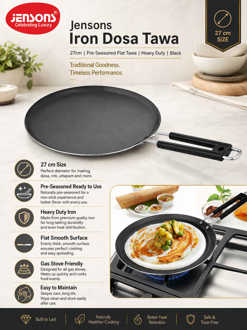 Jensons Iron Dosa Tawa | Pre-Seasoned Flat Tawa | Heavy Duty | Black - 27cm