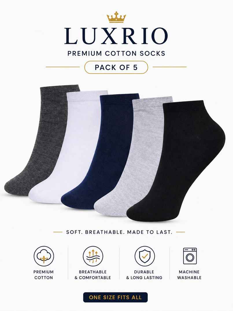Luxrio Men's Solid Ankle Length Cotton Socks | SCK-13-5-PK-ANKL |Assorted Designs - Free Size