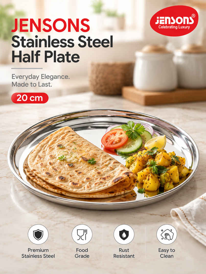 Jensons Stainless Steel Half Plate 20 cm | Heavy Gauge Food Grade Steel Thali | Mirror Finish Jensons Stainless Steel Half Plate 20 cm | Heavy Gauge Food Grade Steel Thali | Mirror Finish