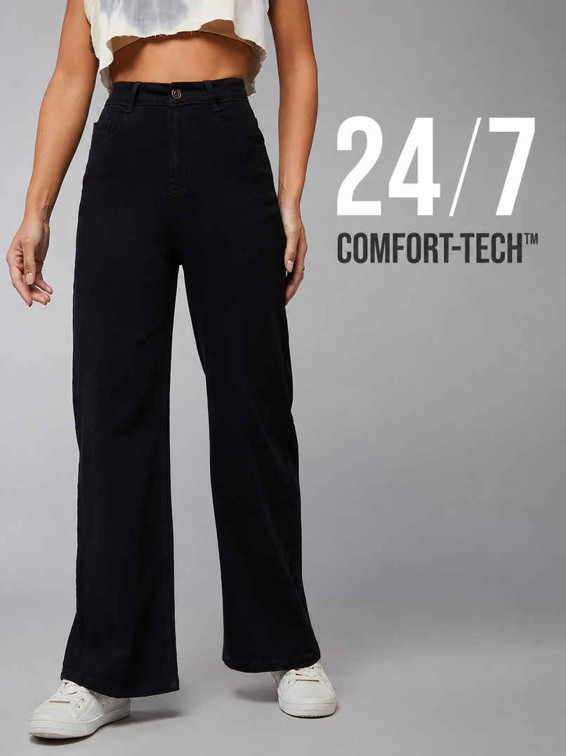 Miss Chase Women Wide Leg High Rise Clean Look Regular-Length Stretchable Denim Jeans | Black | 28 Miss Chase Women Wide Leg High Rise Clean Look Regular-Length Stretchable Denim Jeans | Black | 28