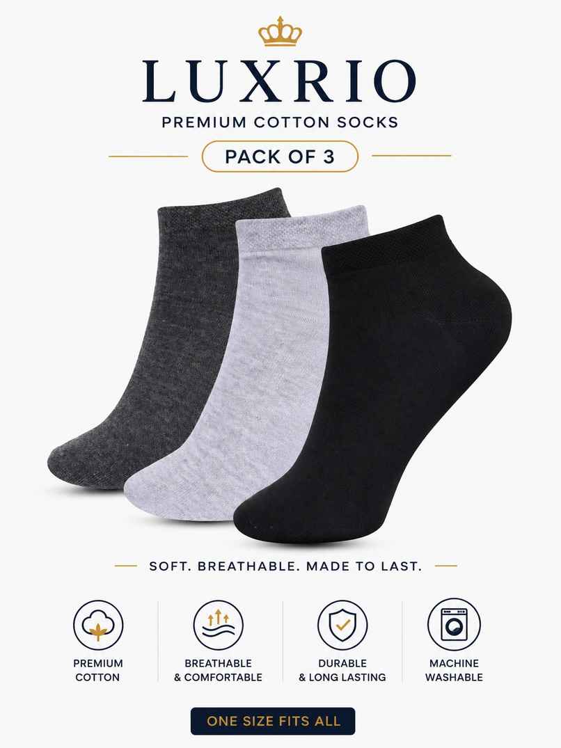 Luxrio Men's Solid Ankle Length Cotton Socks | SCK-6-3-PK-ANKL | Assorted Designs - Free Size Luxrio Men's Solid Ankle Length Cotton Socks | SCK-6-3-PK-ANKL | Assorted Designs - Free Size