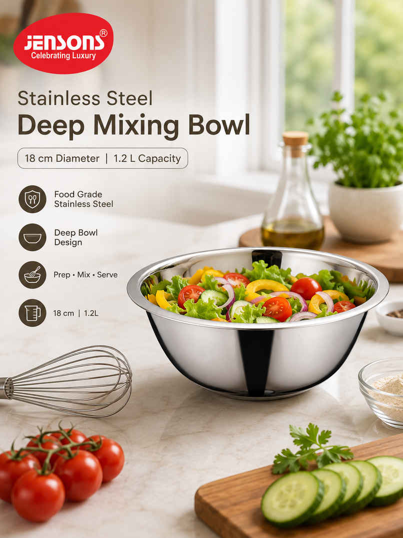 Jensons Stainless Steel Deep Mixing Bowl 18cm | 1.2L Food Grade Bowl | Prep Mix Serve Use Jensons Stainless Steel Deep Mixing Bowl 18cm | 1.2L Food Grade Bowl | Prep Mix Serve Use