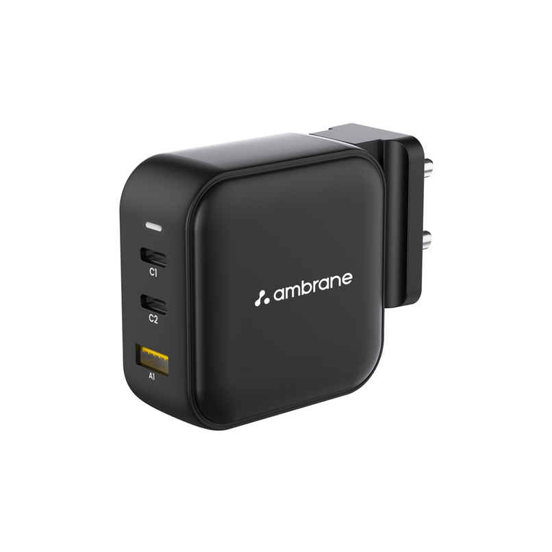 Ambrane 65W Charger Adapter, 3 Ports - 2 Type C & 1 USB for Samsung, Type C Laptops: MacBook, Dell, HP, ASUS, Fast Charger with PD Technology & GaN Technology for All Devices (RAAP G65, Black)