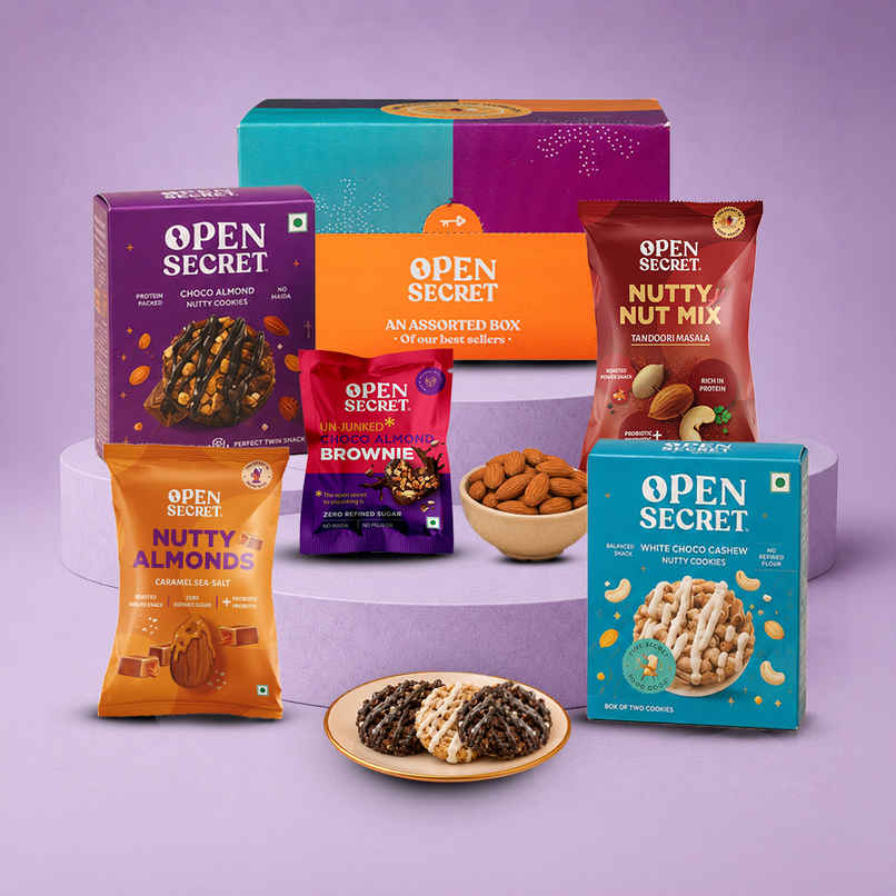 Open Secret Rakhi Chocolate and Dry Fruits Hamper for sister- Rakshabandhan Gift box, 4 cookies, 1 brownie, 2 flavoured nuts Open Secret Rakhi Chocolate and Dry Fruits Hamper for sister- Rakshabandhan Gift box, 4 cookies, 1 brownie, 2 flavoured nuts