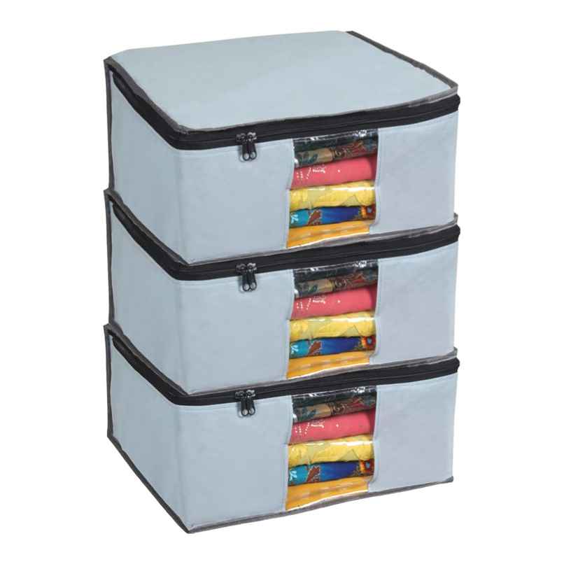 Prettykrafts Set Of 3 Non-Woven Foldable Saree Covers, Grey
