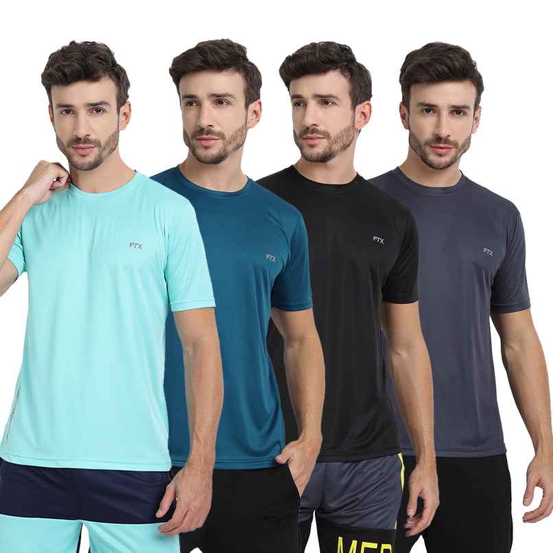 FTX Men s Solid Round Neck Polyester Half Sleeve Casual T-shirt | Black-Airforce-Grey-Aqua Blue | S