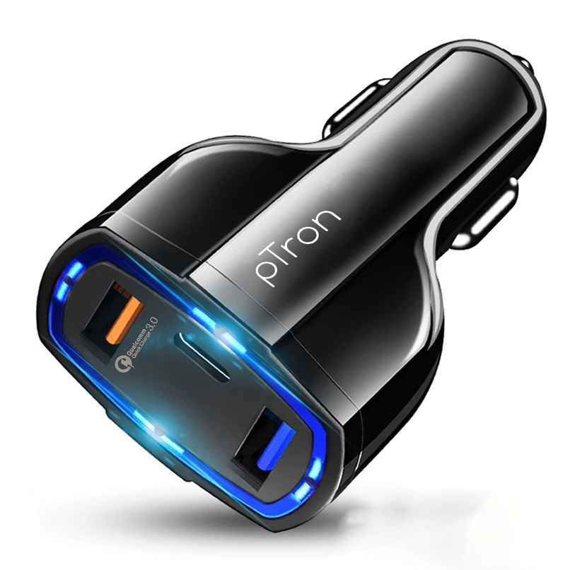 pTron Bullet Pro 36W Type-C/PD 3 Port Fast Car Charger Adapter, Compatible with All Smartphones, Tablets & Other USB Powered Devices - Black