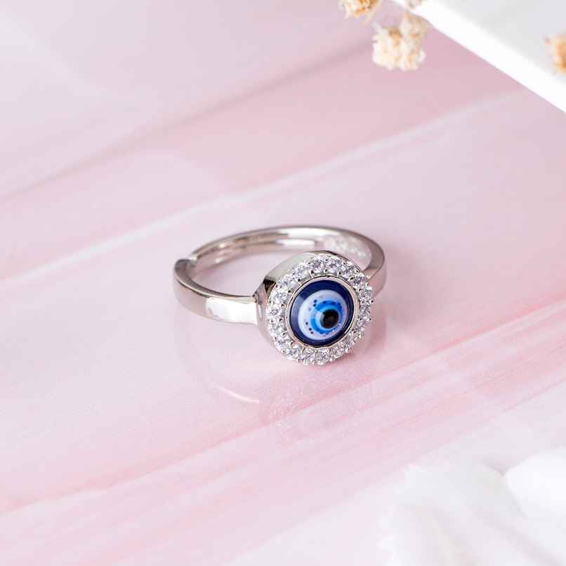 Zavya Evil Eye CZ Rhodium Plated 925 Sterling Silver Ring