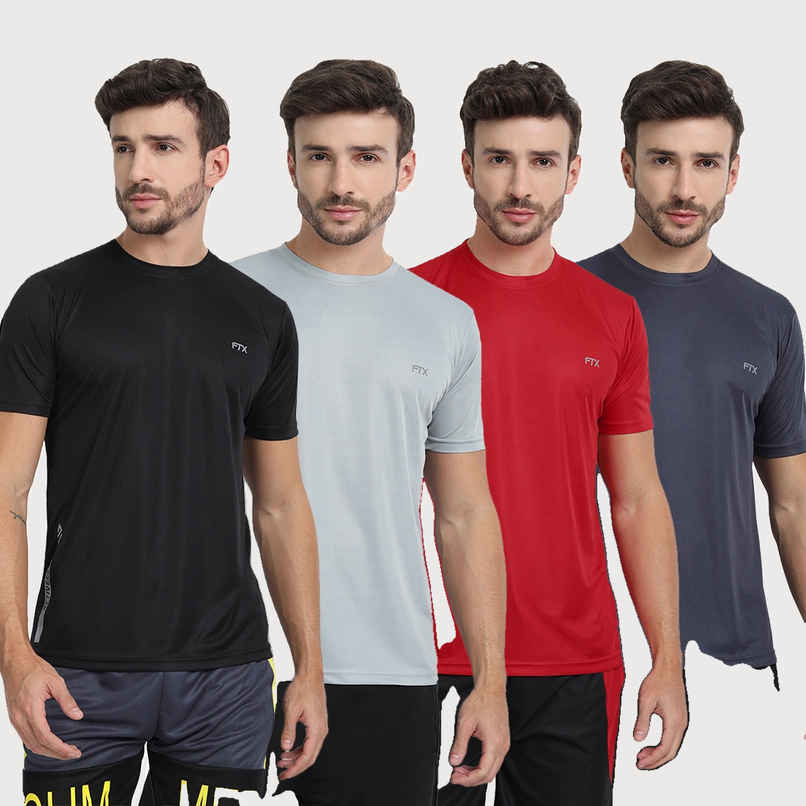 FTX Men s Solid Round Neck Polyester Half Sleeve Casual T-shirt | Black-Red-Steel-Grey | S