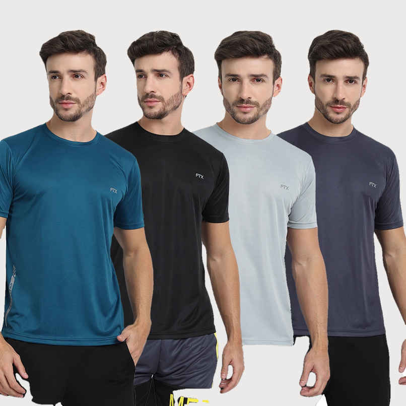 FTX Men s Solid Round Neck Polyester Half Sleeve Casual T-shirt | Black-Airforce-Steel-Grey | S