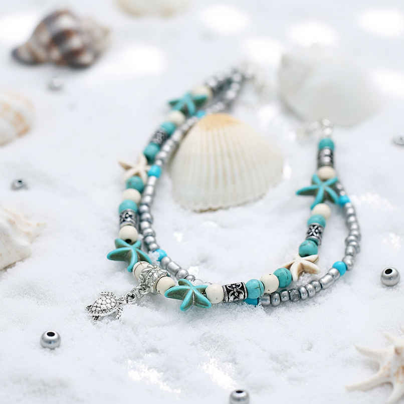 Shining Diva Fashion Shell Starfish Beads Charms Stylish Chain Anklet for Women and Girls | 9749a