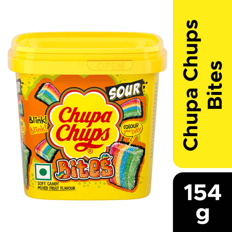 Chupa Chups Sour Bites Tub, Mix Fruit Flavour Soft Candy Chupa Chups Sour Bites Tub, Mix Fruit Flavour Soft Candy