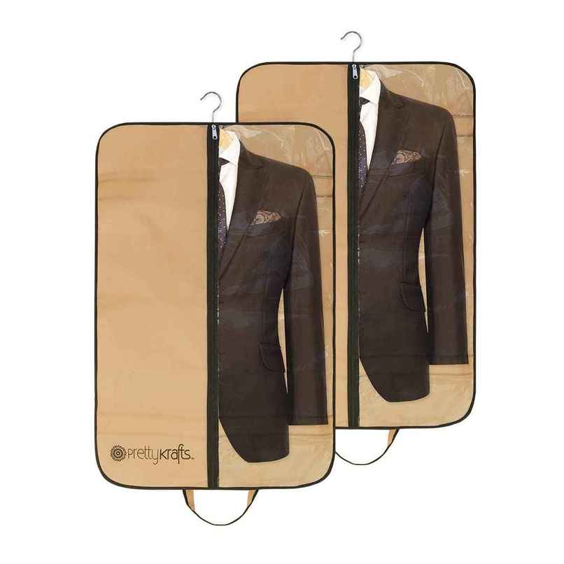 PrettyKrafts Coat & Blazer Covers | Wardrobe Organiser with Clear Front - Beige & Brown PrettyKrafts Coat & Blazer Covers | Wardrobe Organiser with Clear Front - Beige & Brown