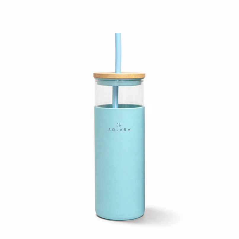 Solara Blue Breeze Glass Tumbler | 500 ml | Bamboo Lid, Silicone Straw & Silicone Sleeve | For Coffee