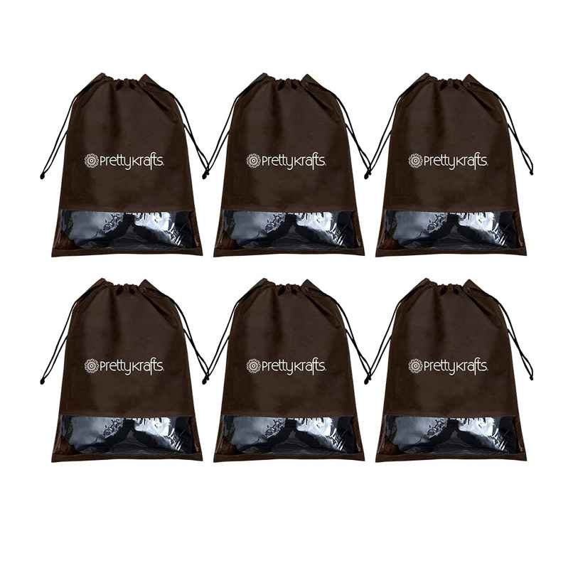 Prettykrafts 6 Piece Non Woven Travel Shoe Cover, String Bag Organizer, Brown