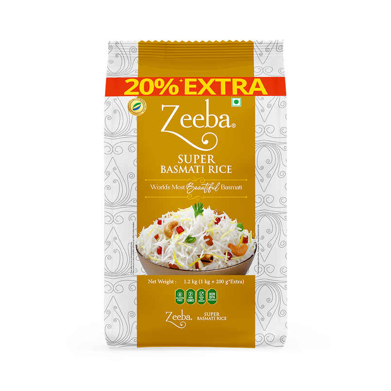 Zeeba Super Basmati Rice|Fluffy & Naturally Aromatic|Gluten Free Fine Grains|Cooked length upto 23mm