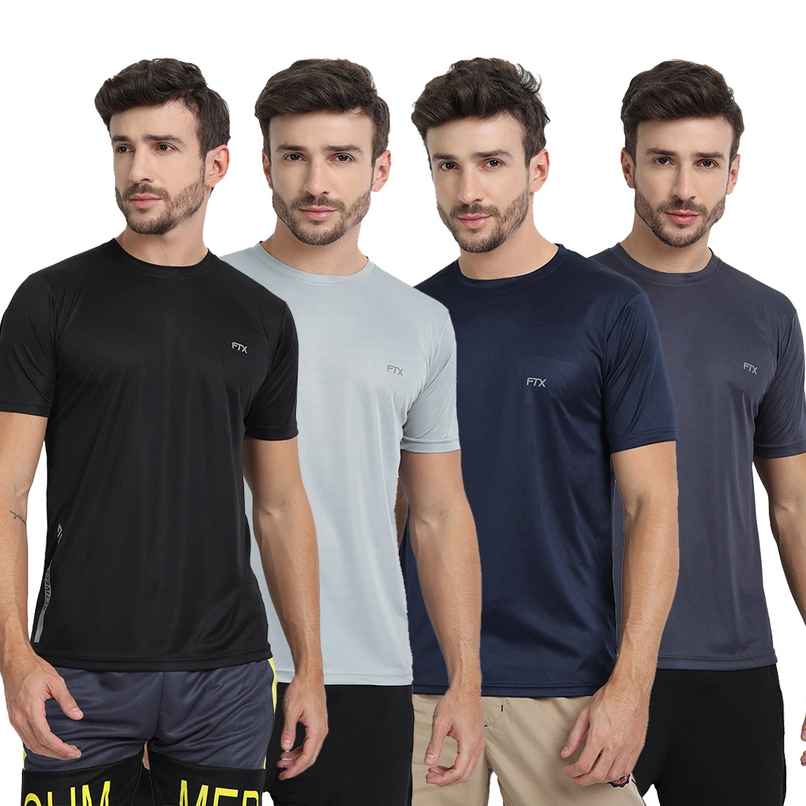FTX Men s Solid Round Neck Polyester Half Sleeve Casual T-shirt | Black-Navy-Steel-Grey | M