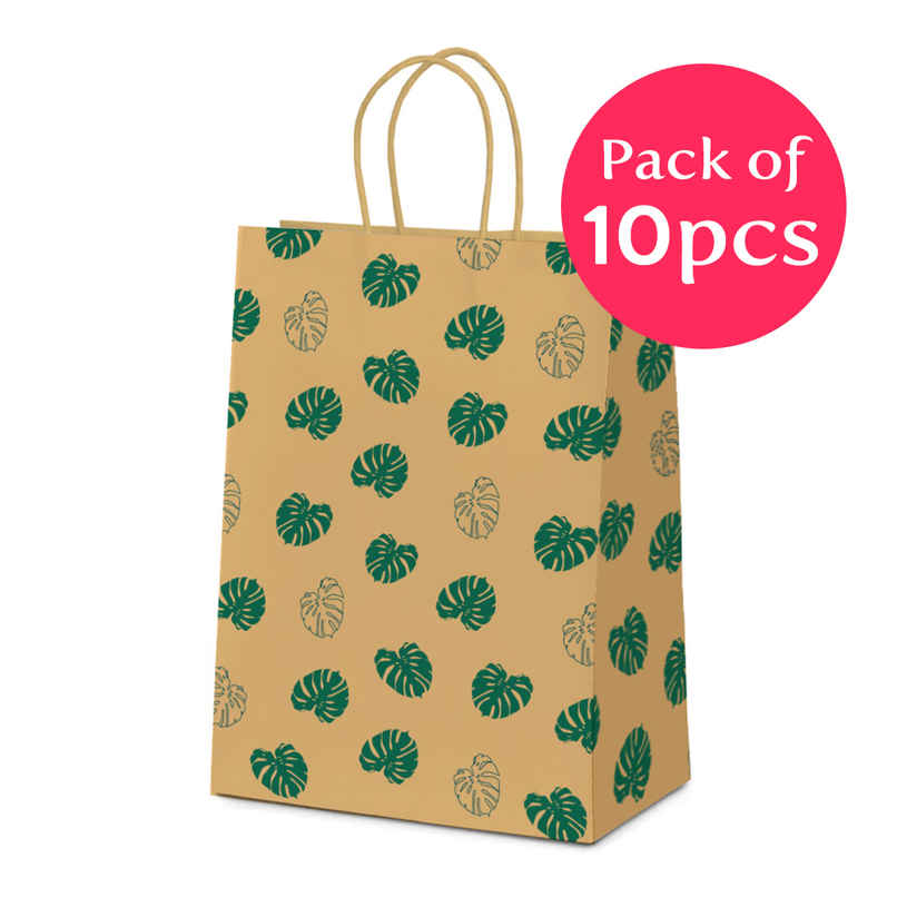 PaperPep Leaves Print | 100GSM | Kraft Gift Paper Bags | Green - 24 x 11 x 31 cm
