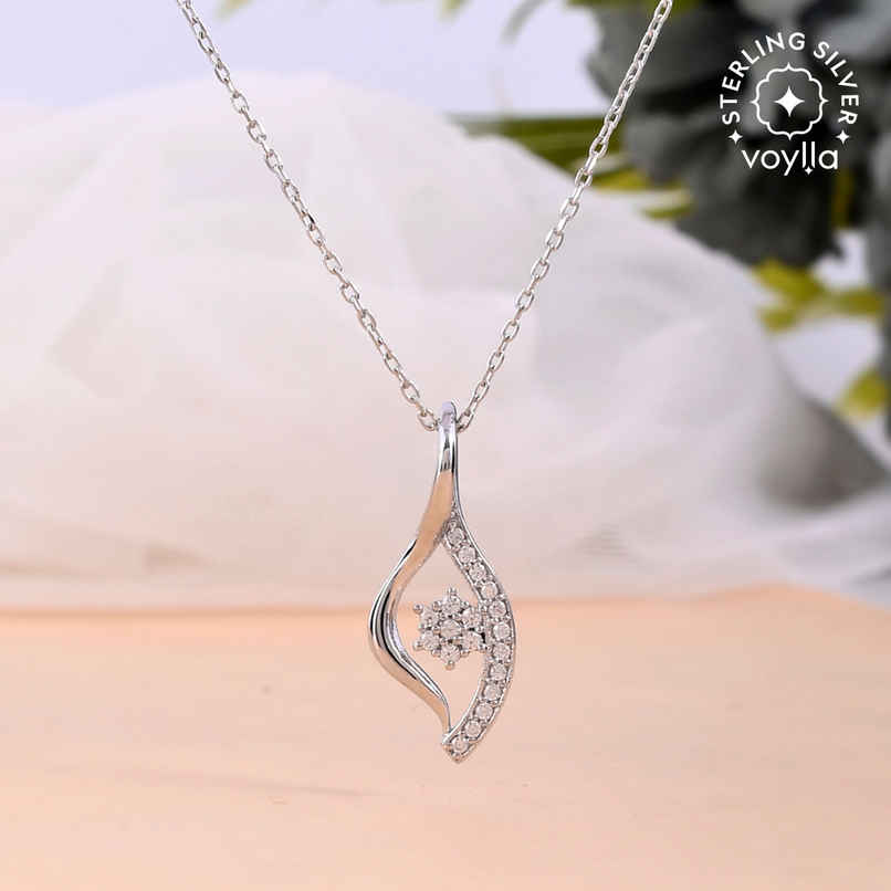 Voylla 925 Sterling Silver American Diamond Leaf Pendant With Chain Voylla 925 Sterling Silver American Diamond Leaf Pendant With Chain