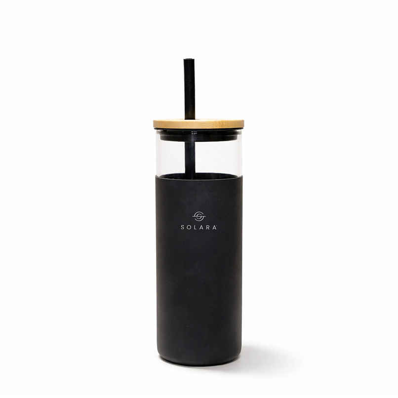 Solara Black Knight Glass Tumbler | 500 ml | Bamboo Lid, Silicone Straw & Silicone Sleeve | For Coffee
