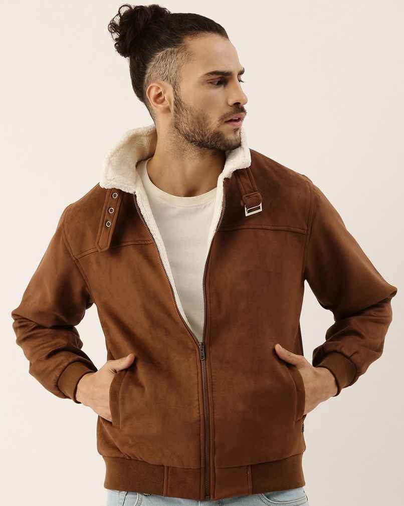 Campus Sutra Men's Zip - Front Jacket With Fleece Detail | Brown - XL Campus Sutra Men's Zip - Front Jacket With Fleece Detail | Brown - XL