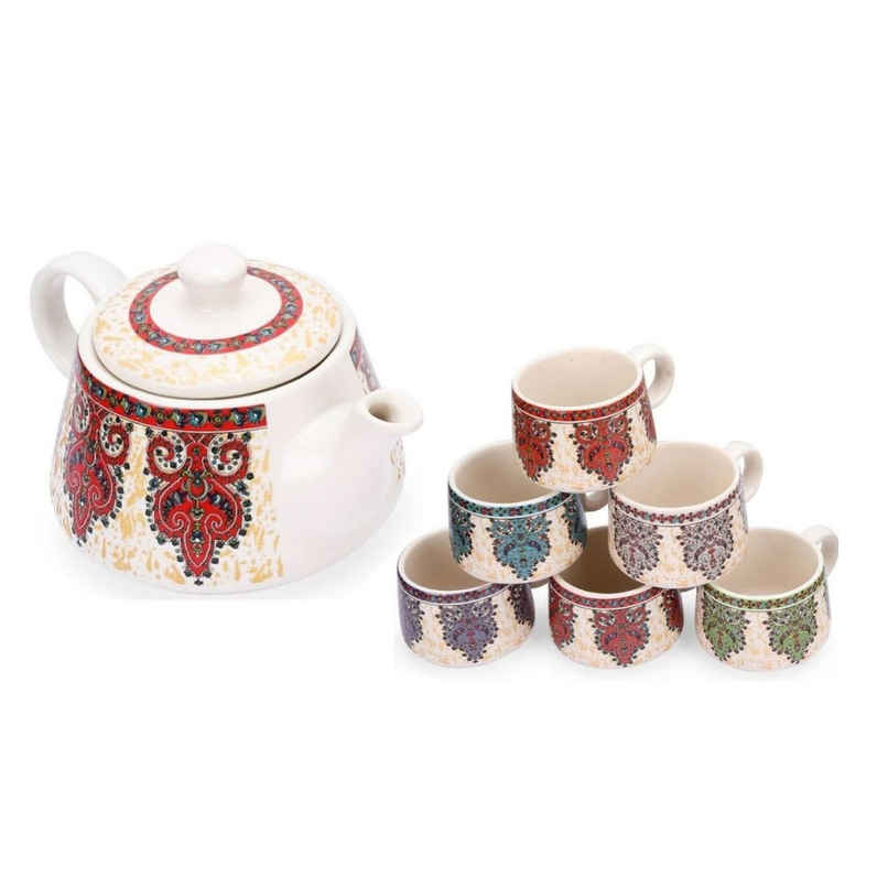 Roxx Mystic Ceramic Tea Set | 150ml x 6 Cups + 1 Pot | Mystic Bloom | Durable | Multicolour