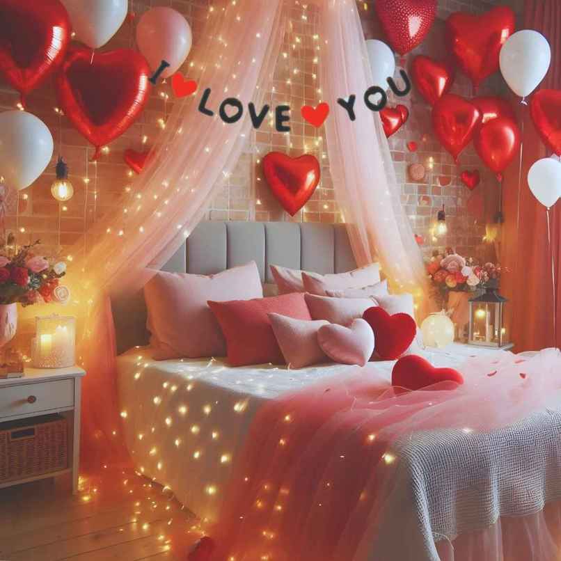 Tent Romantic Decoration Set | I Love You Banner, Heart Backdrop, LED Lights, Bedroom Decor | Hemito