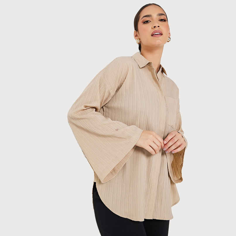 Styli Women's Longline Shirt with Drop Shoulder, Oversized Fit and Crepe Fabric | Beige - S Styli Women's Longline Shirt with Drop Shoulder, Oversized Fit and Crepe Fabric | Beige - S