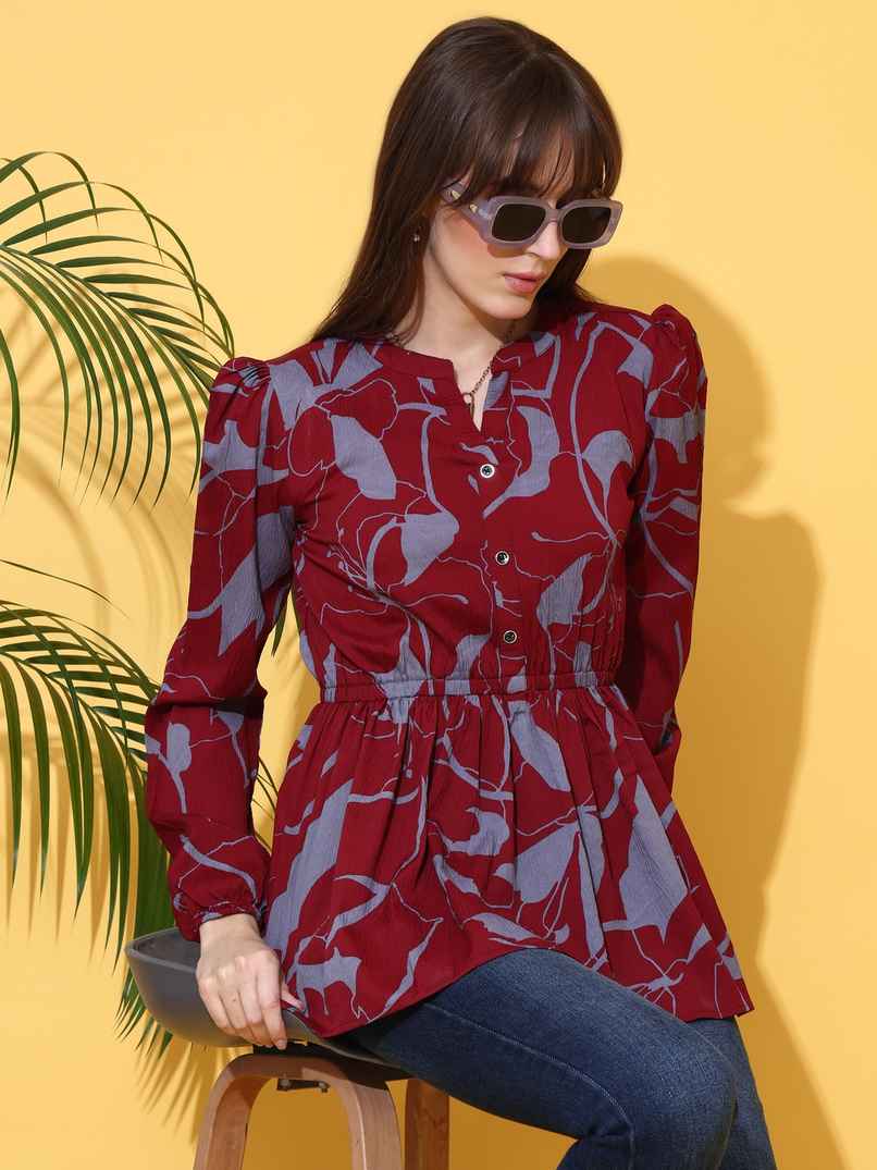 Sheetal Women's Floral Print Mandarin Collar Crepe Top | 5207 | Maroon - L Sheetal Women's Floral Print Mandarin Collar Crepe Top | 5207 | Maroon - L
