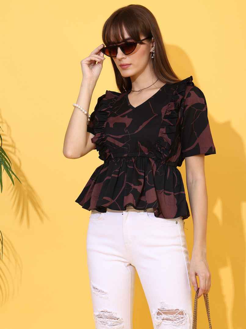 Sheetal Women's Floral Print Puff Sleeve Crepe Top | 5220 | Black - M Sheetal Women's Floral Print Puff Sleeve Crepe Top | 5220 | Black - M
