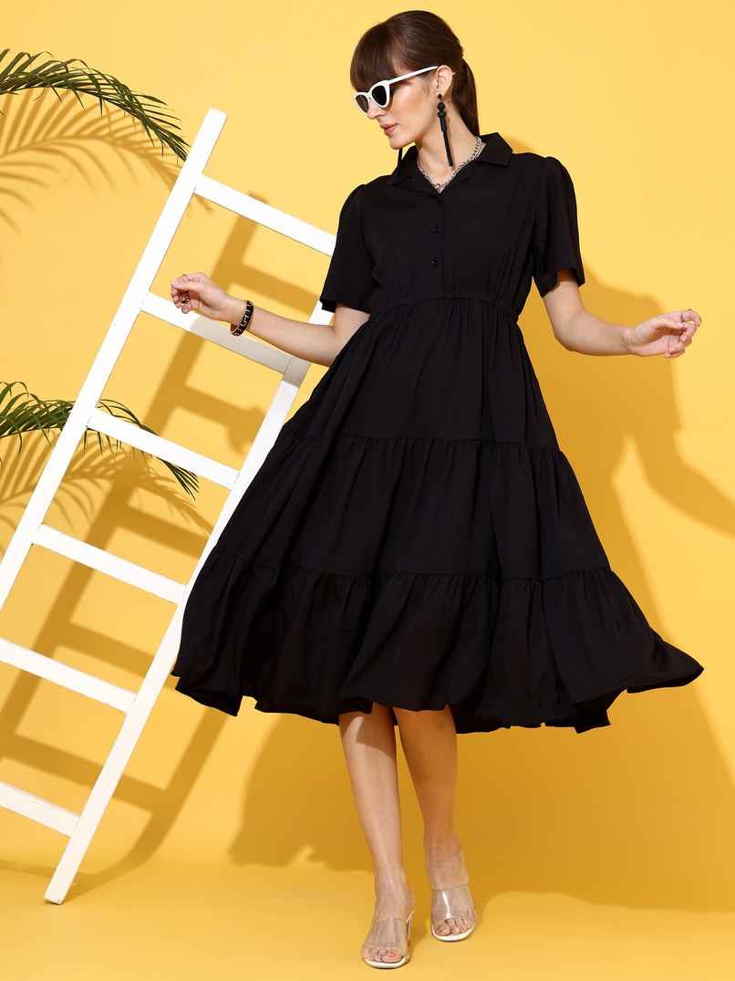 Sheetal Women's Black Shirt Collar Fit And Flare Midi Dress | 11621 | Black - XL Sheetal Women's Black Shirt Collar Fit And Flare Midi Dress | 11621 | Black - XL