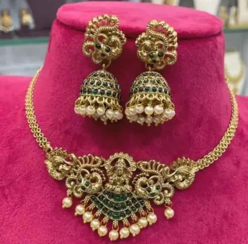 The Opal Factory Temple Jewelry Drop Moti Laxmi Necklace | Earrings | Gold Multi - Necklace-037