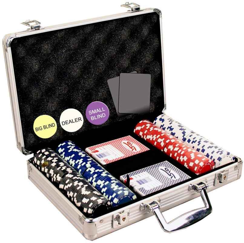 Toyshine Casino Style Poker Chips Set with Aluminum Finish Case, 2 Decks of Cards, 5 Dice, 1 Dealer Button - 200 Chip set Toyshine Casino Style Poker Chips Set with Aluminum Finish Case, 2 Decks of Cards, 5 Dice, 1 Dealer Button - 200 Chip set