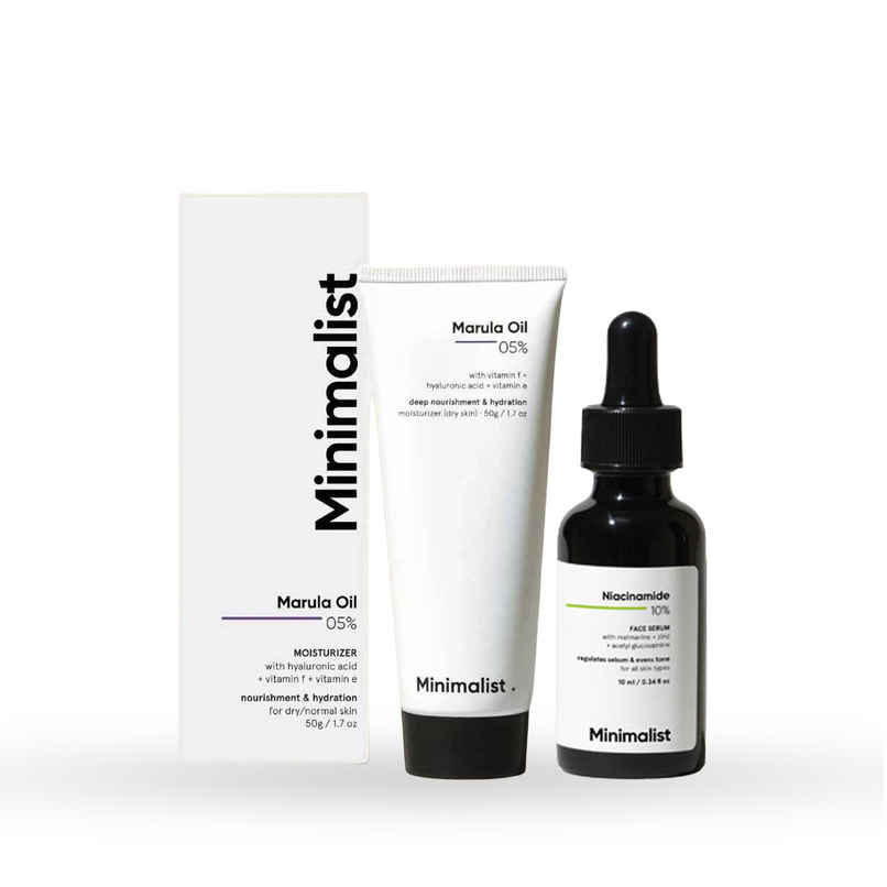 Minimalist 5% Marula Oil Face Moisturizer Cream Based Nourishing & Hydrating For Men & Women (50ml) & Minimalist Niacinamide 10% With Matmarine + Zinc + Acetyl Glucosamine (10ml) Combo