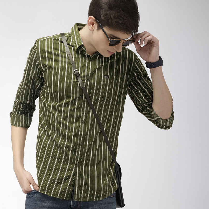The Indian Garage Co Men's Slim Fit Multi Stripes Casual Shirt | Olive - 2XL