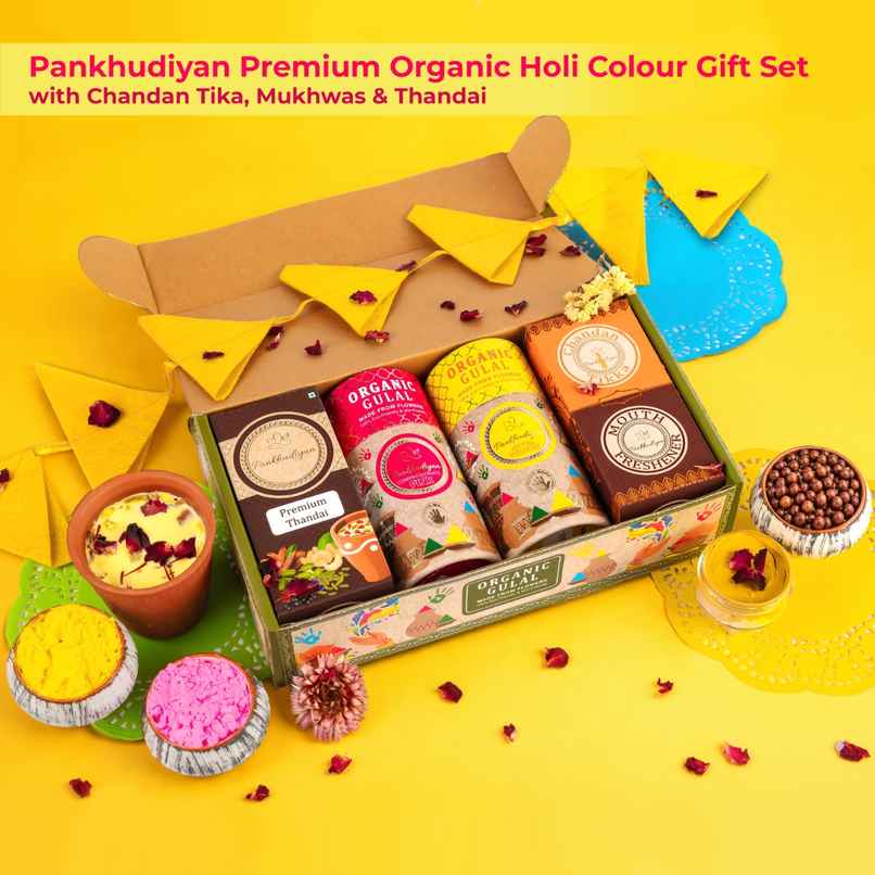 Premium Organic Holi Colour Gift Set | Chandan Tika, Mukhwas & Thandai | Pankhudiyan