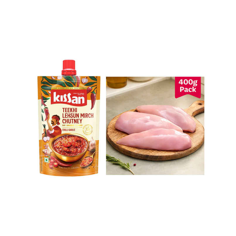 Kissan Teekhi Lehsun Mirch Chutney Doy (100g) & Licious Chicken Breast Boneless (400g) Combo