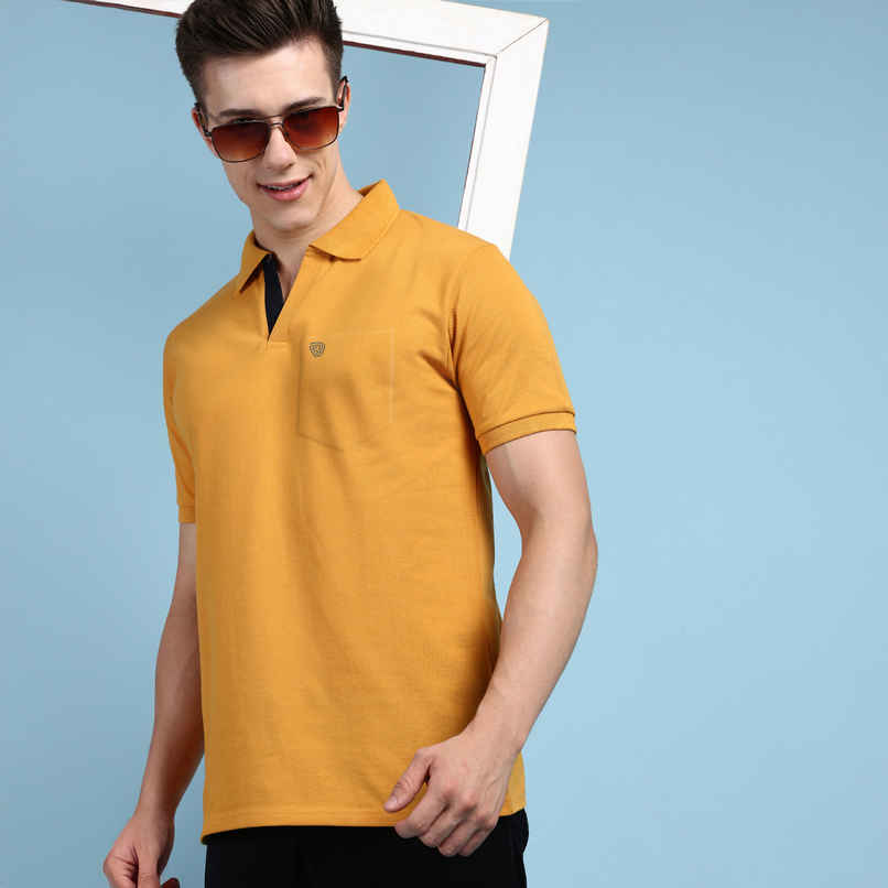 Lux Cozi Men's Solid Cotton Polo T-shirt with Pocket | Mustard - S