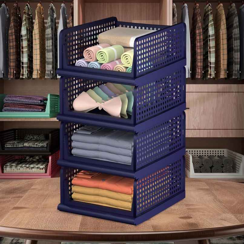 Kuber Industries Pack of 4 Plastic Storage Wardrobe Organizer for Almirah | Large | Blue