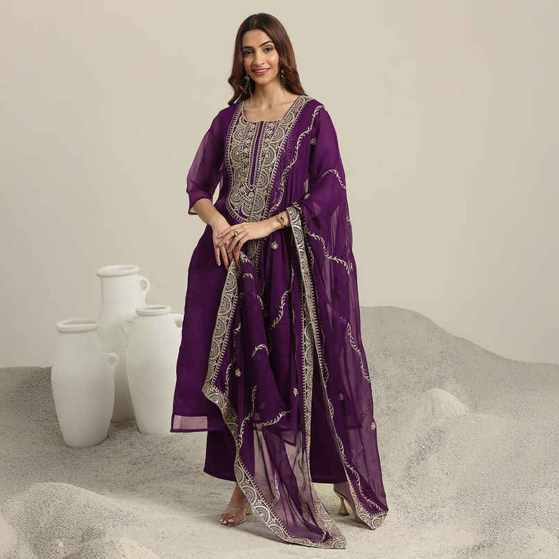 Libas Yoke Design Organza Straight Suit Set With Dupatta | 99366H | Burgundy - L