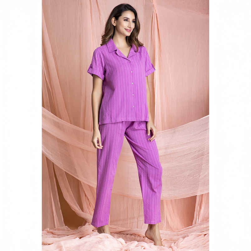 Clovia Sassy Stripes Button Down Shirt & Pyjama - Cotton(Purple - S)