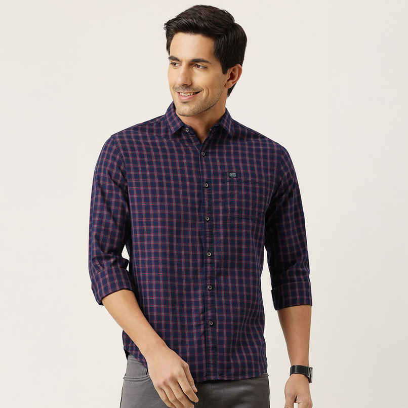 The Indian Garage Co Men's Slim Fit Checkered Casual Shirt | Navy Blue & Red - S