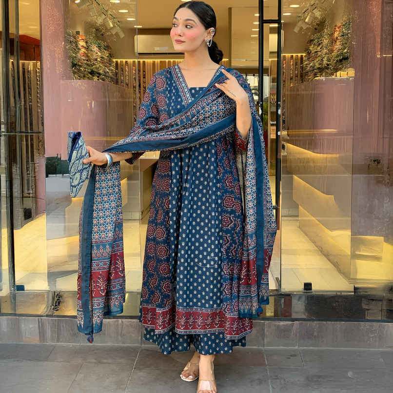 GoSriKi Women's Viscose Rayon Anarkali Printed Kurta with Pant & Dupatta | NAKULA | Blue - S