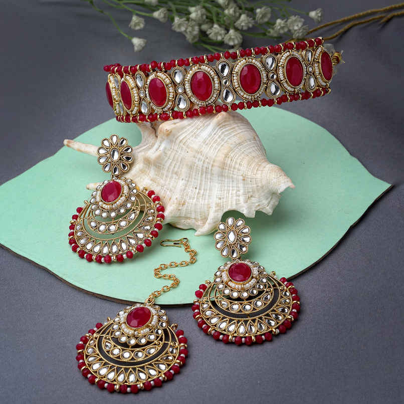 Sukkhi Affordable Gold Plated Rani Pink Stone & Beads Studded Choker Necklace Set