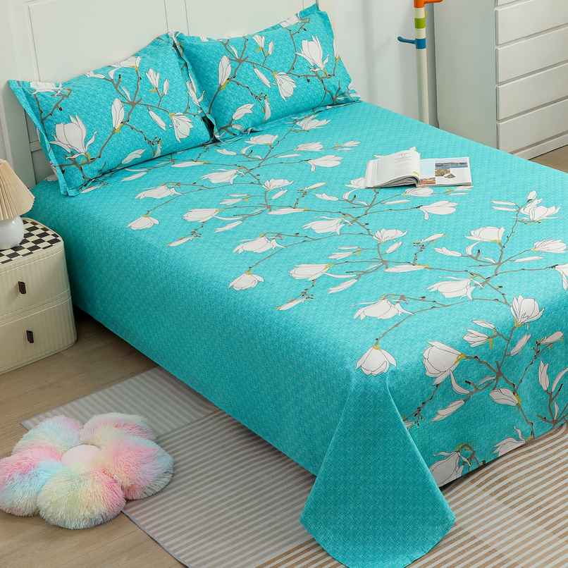 Story@home 144 TC Cotton Double Printed Flat Floral Bedsheet | Aqua Green | 98 x 89 in