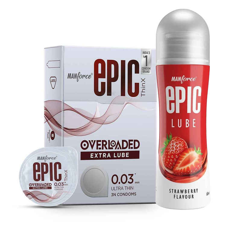 Manforce Epic Thin-X Overloaded Ultra-Thin Extra Lube Condom (1pc) & Manforce Epic Lube Strawberry Flavored Lubricating Gel For Men And Women Water Based Skin Friendly (60ml) Combo
