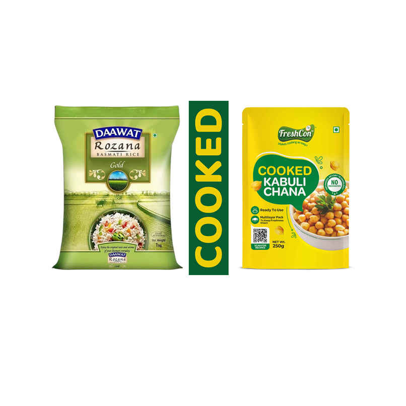 Daawat Rozana Basmati Rice Gold | Medium Grain (1kg) & Freshcon Cooked Kabuli Chana | Chickpeas (250g) Combo  