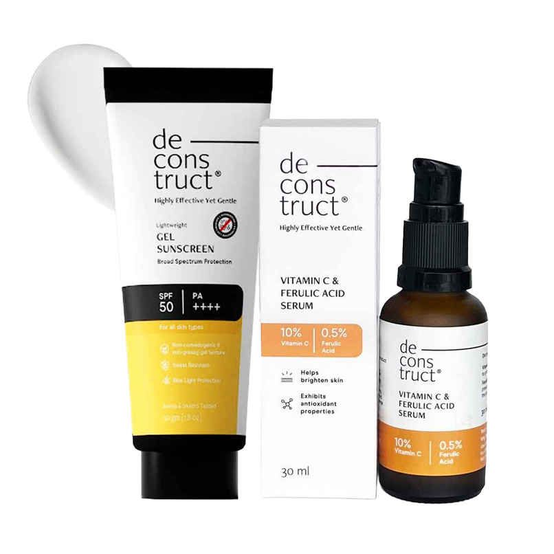 Deconstruct Gel Sunscreen Spf 55+ Pa+++ | In Vivo Tested | Matte, Lightweight & Airy, Non-Greasy (50g) & Deconstruct 10% Vitamin C Serum For Oily Skin | Clinically Tested | 30 Ml (30ml) Combo